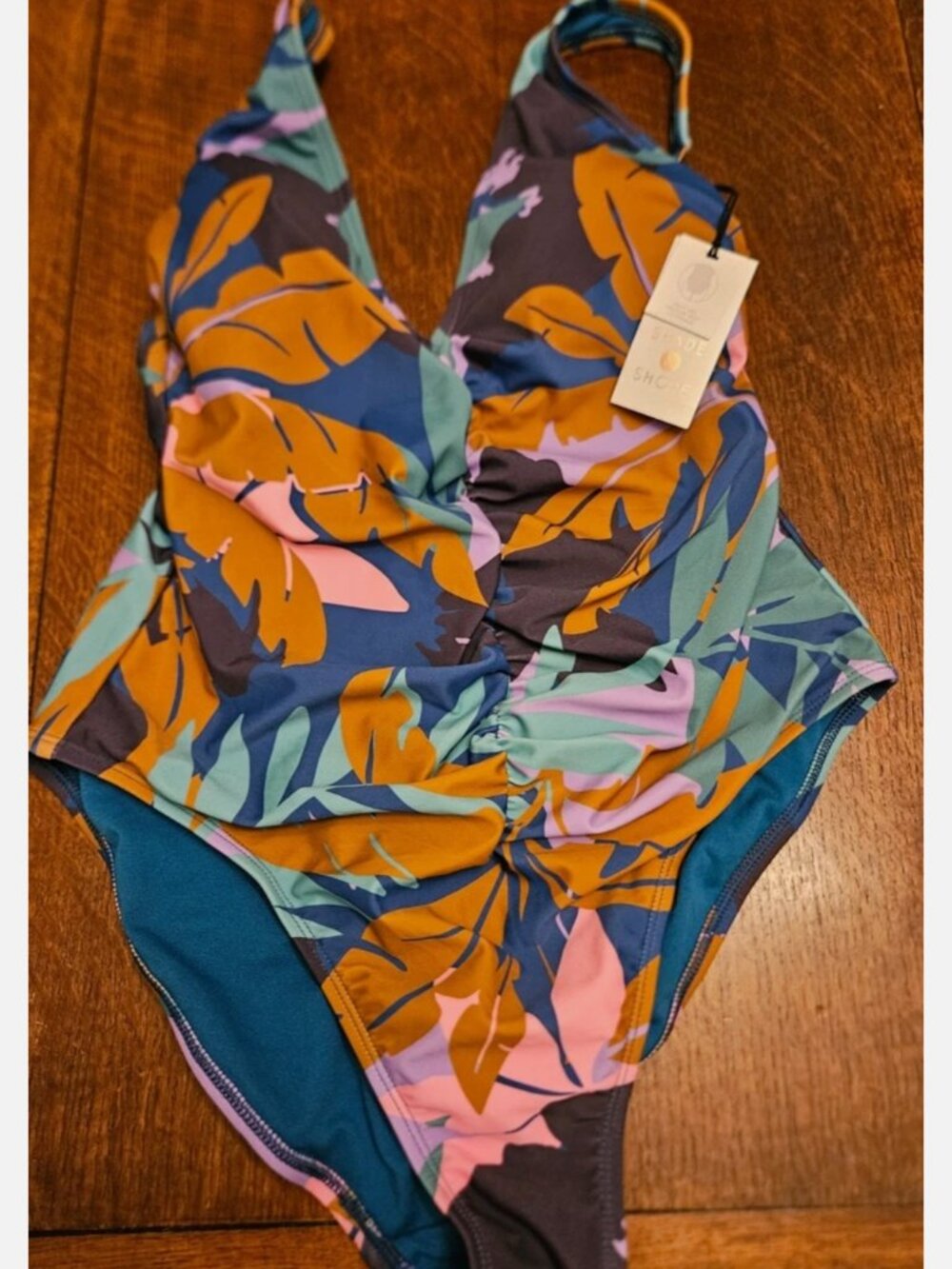 Shade & Shore One Piece Tropical Plunge Swimsuit. High Leg Medium Seat Coverage